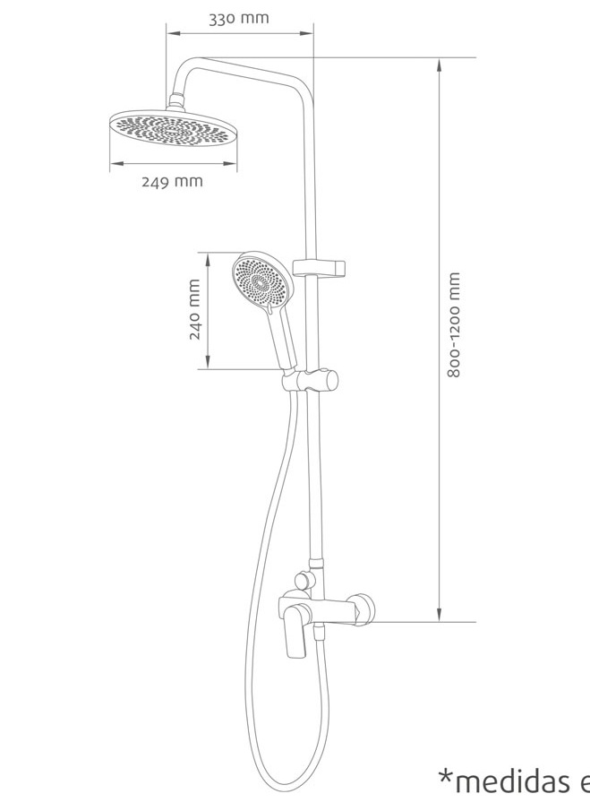 Esquema técnico de medidas y altura de la Columna de Ducha Artic Coral Negra.